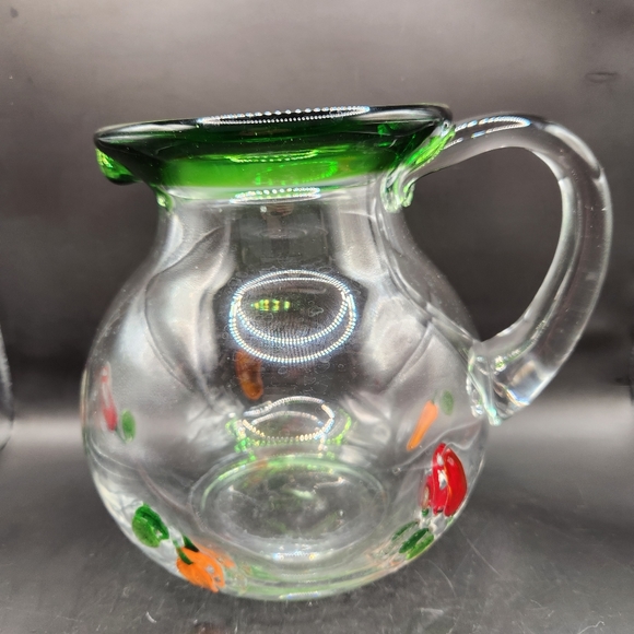 Hand Blown Large Clear & Green Glass Pitcher Red & Orange Peppers - Picture 1 of 7